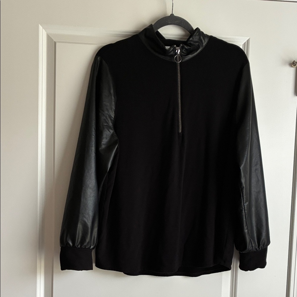 Catherine Malandrino Black Top with Faux Leather Sleeves